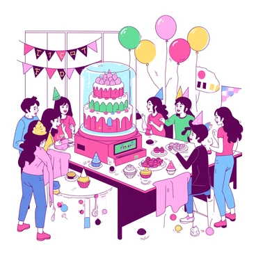 A vibrant birthday party scene features a large cake shaped like a gacha machine, decorated in intricate detail with colorful embellishments. The cake is surrounded by a variety of treats, including cupcakes and candies, all arranged on a long table. Several guests, including children and adults, are gathered around the table, eagerly reaching for the treats. Some are holding colorful party hats, while others are laughing and chatting. Balloons in various colors float above the scene, adding to the festive atmosphere. The room is adorned with streamers and banners, highlighting the celebratory theme of the occasion.