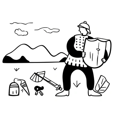 A warrior in a rugged, medieval armor stands firmly on a battlefield, gripping a sword in one hand and a large shield in the other. The ground is littered with remnants of battle, including discarded weapons and shields. In the background, distant hills are visible under a cloudy sky, adding to the tension of the scene. The warrior's stance is determined and prepared for the upcoming conflict, embodying a moment of anticipation before the clash.