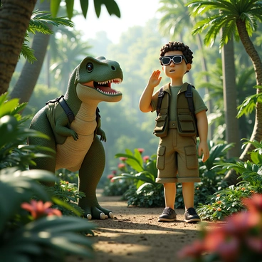 An explorer with light brown skin and short curly hair is wearing a green and brown camouflage outfit, including a utility vest with multiple pockets. He has on 3D glasses, which enhance the vibrant colors of the jungle around him. The explorer stands with one hand raised to his mouth in surprise, gazing at a dinosaur nearby. The dinosaur is a large, green Tyrannosaurus rex with sharp teeth and deep set eyes, its scales reflecting the light of the sun filtering through the dense jungle foliage. Surrounding them are various tropical plants, tall trees, and colorful flowers, adding to the lush environment.