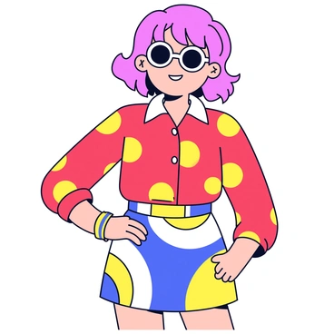 A girl wearing a retro-inspired outfit featuring a bright red blouse with large polka dots. She has on a high-waisted skirt with geometric patterns in yellow and blue. Her accessories include oversized round sunglasses and chunky bracelets. The girl stands against a plain backdrop, smiling confidently. Her hair is styled in loose waves, reflecting the playful fashion of the era.