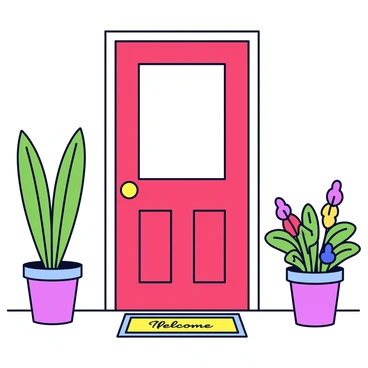 A front door painted in bright red with a glossy finish. The door has a brass doorknob and a large rectangular window with a decorative trim. In front of the door, there is a welcome mat with the words "Welcome" written in elegant font. Flanking the door are two potted plants, one with tall green foliage and the other with colorful flowers. The scene is set against a simple house exterior with neutral-colored walls.