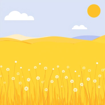 A vast mustard field filled with bright yellow flowers stretching towards the horizon. The flowers sway gently in the breeze, creating a sea of golden petals. Above, a clear blue sky with a few fluffy white clouds adds contrast to the vibrant yellow of the field. The sun shines brightly, casting a warm glow over the landscape. In the distance, gentle rolling hills can be seen, enhancing the sense of openness and tranquility of the scene.