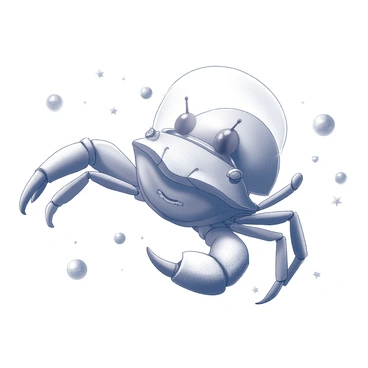 A crab with detailed claws and a textured shell is floating in a vast space environment. Its body is adorned with an astronaut helmet that fits snugly over its eyes and antennas. The crab's legs are spread out, creating a sense of weightlessness as it navigates through the cosmos. Surrounding it are distant stars and shimmering celestial bodies, providing a backdrop of depth and vastness. The entire scene captures the essence of adventure and exploration in a unique and imaginative way.