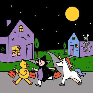 A group of children in creative costumes walking down a suburban street during Halloween night. One child is dressed as a bright yellow duck, another is wearing a sparkly vampire cape with fangs, and a third child is dressed as a colorful unicorn. They are carrying orange and black trick-or-treat bags filled with candy. The houses along the street are decorated with glowing jack-o'-lanterns, cobwebs, and spooky skeletons. The night sky is dark with a few stars visible, and a large full moon casts a soft light over the scene, enhancing the festive atmosphere.