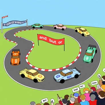 A vibrant race track with a winding layout, featuring different racing cars designed as conjunctions. Each car is uniquely colored and shaped to represent specific conjunctions like "and," "but," and "or." The cars are lined up, ready to speed down the track, with some accelerating and others slightly behind. Bright banners fly along the sides of the track, displaying the names of the conjunctions. The finish line is marked with a large checkered flag, and a cheering crowd of animated characters holds signs to support their favorite conjunctions. The sky above is clear blue, adding to the excitement of the race.