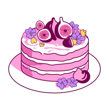 A pink cake with intricate white icing designs sits on a white plate. The cake is topped with several halved fresh figs, revealing their vibrant insides. Surrounding the figs are various edible flowers in shades of purple and yellow, adding a pop of color to the cake's top. The cake has multiple layers, and the icing is smooth, creating an elegant appearance.