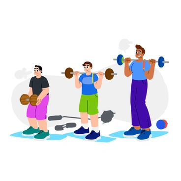 A vintage-style illustration depicting the evolution of weight training. On the left, an early 20th-century man lifts a wooden barbell with a serious expression, demonstrating front raises. In the center, a mid-century figure is shown with a metal barbell, performing front raises with a focused stance. On the right, a modern athlete is engaged in front raises using colorful dumbbells, showcasing a confident and energetic pose. Each figure is dressed in appropriate workout attire for their era, highlighting the changes in fashion and equipment over time. The background features a simple gym setting with weights and exercise mats.