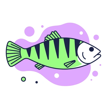 A modern art piece features a striped bass prominently in the center. The fish is depicted with detailed stripes running along its body. It is positioned against a simple background, allowing the focus to remain on the fish's form. The fins are extended gracefully, showcasing their intricate design. Surrounding the fish are abstract shapes that add depth and interest to the composition. In the lower corner, there are small bubbles rising, hinting at the aquatic environment.