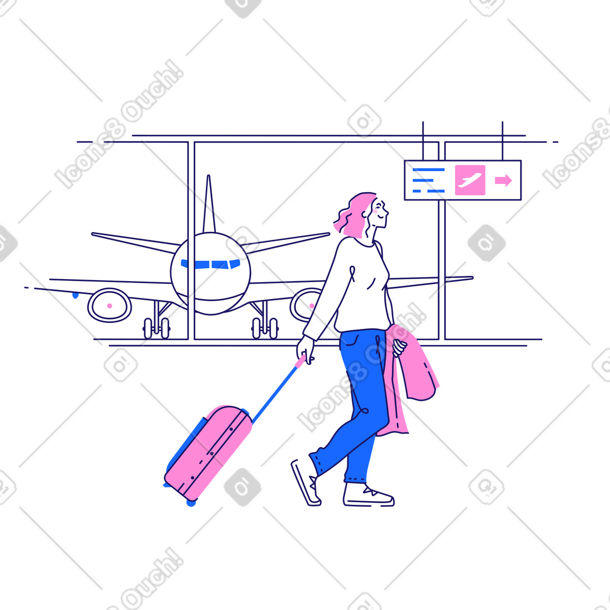 Woman walks with a suitcase at the airport illustrazione in stile Matey scarica in PNG, SVG