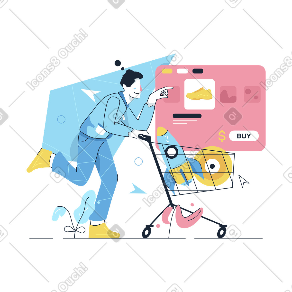 Shopper choosing item from online store, Digital marketplace or E-commerce illustrazione in stile Work Hard scarica in PNG, SVG