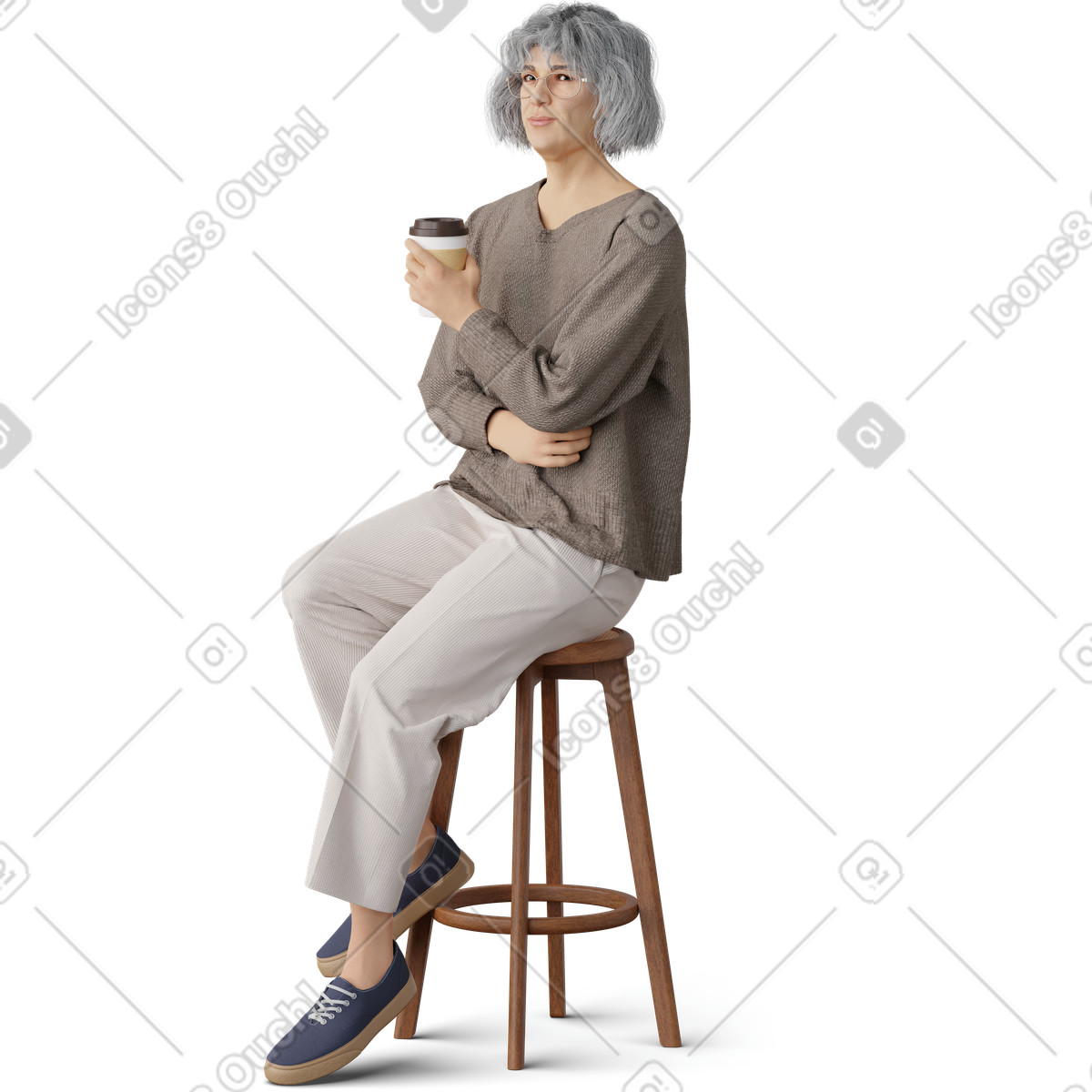 下载 3D Hygge 风格的 Old woman sitting with cup of coffee 插画，支持 PNG、SVG 格式