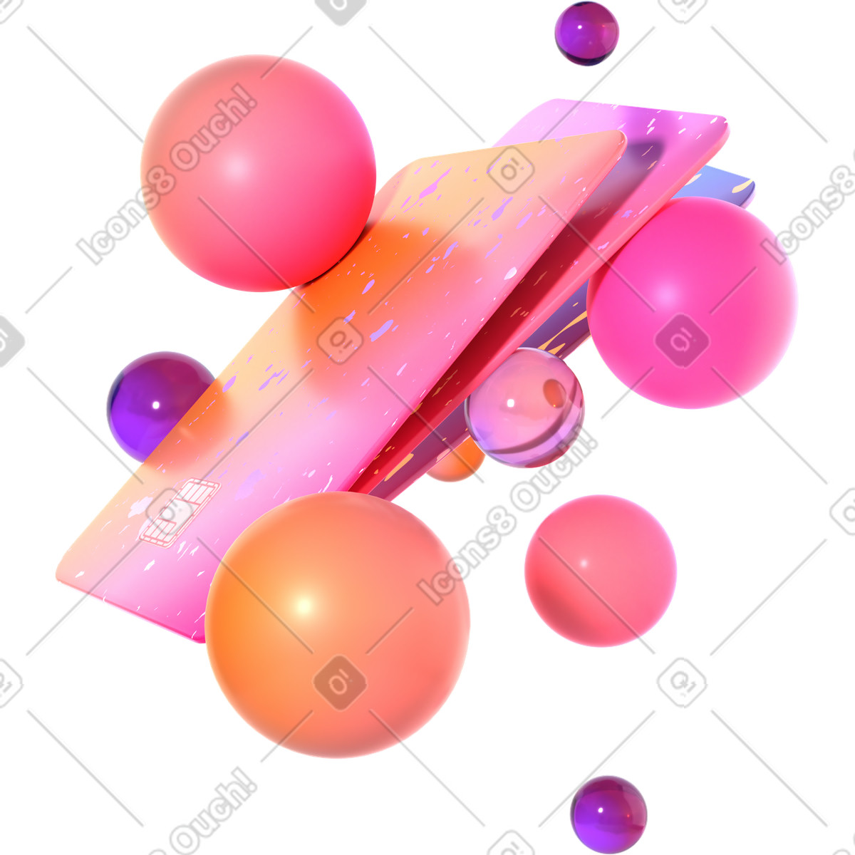 下载 3D Glassy 风格的 浮动卡片和生动的球体 插画，支持 PNG、SVG 格式