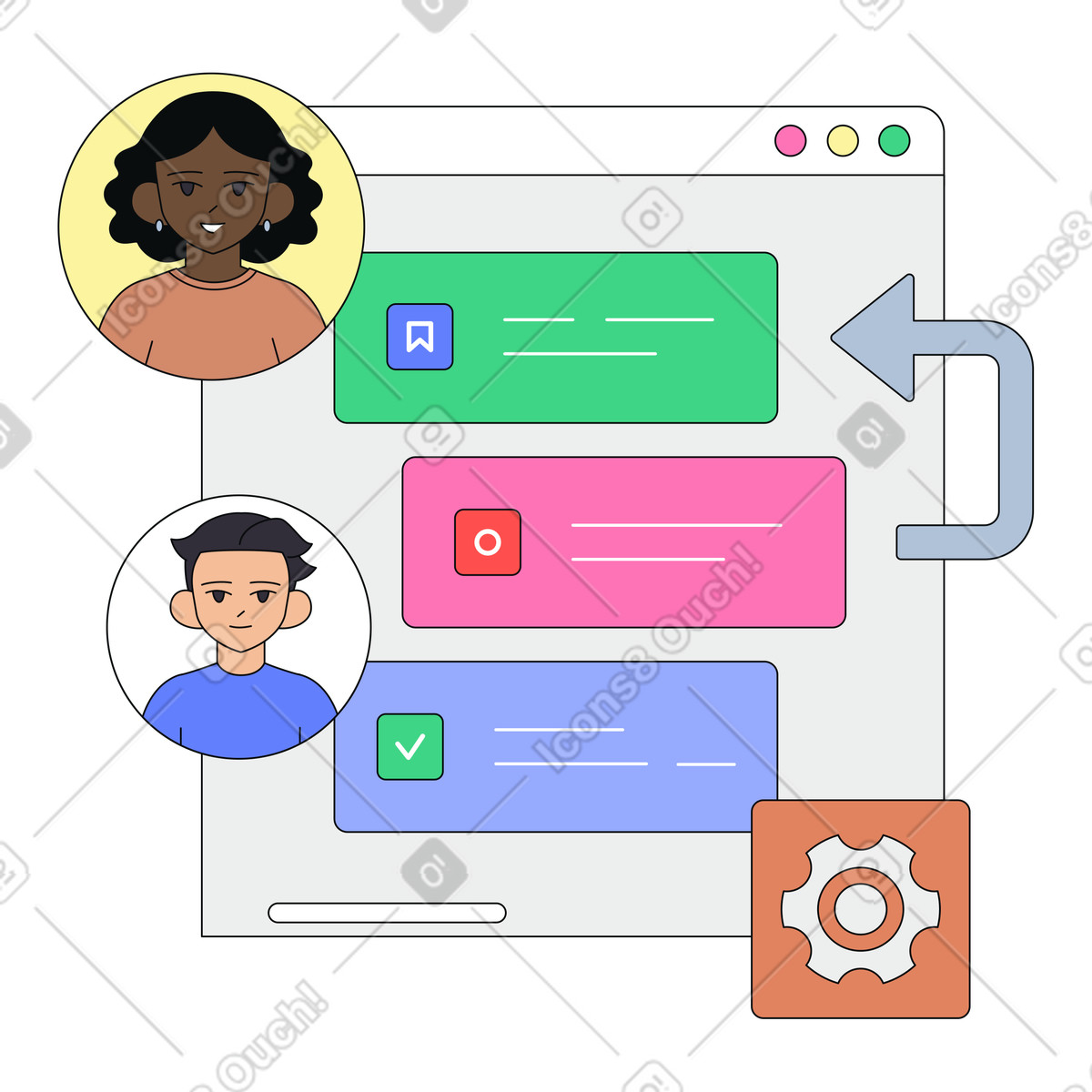 Team backlog management interface, Task organization for team planning, User-assigned item queue in project workflow illustration in Teko style download in PNG, SVG