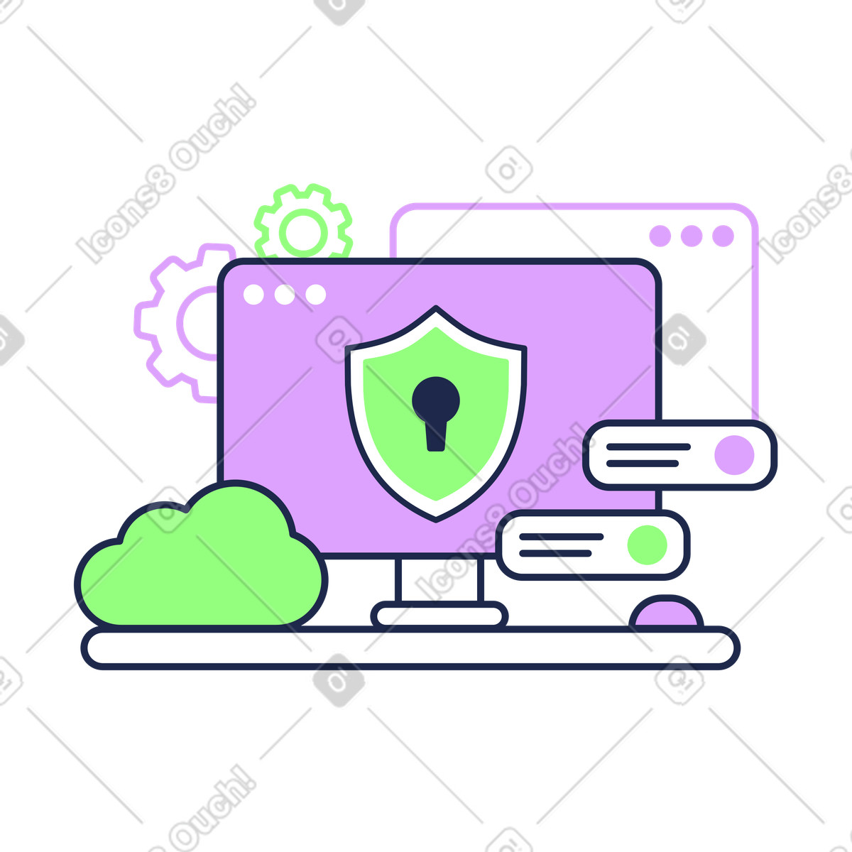 Illustration Monitor with security shield, Data privacy for cloud storage dans le style Outline à télécharger aux formats PNG, SVG