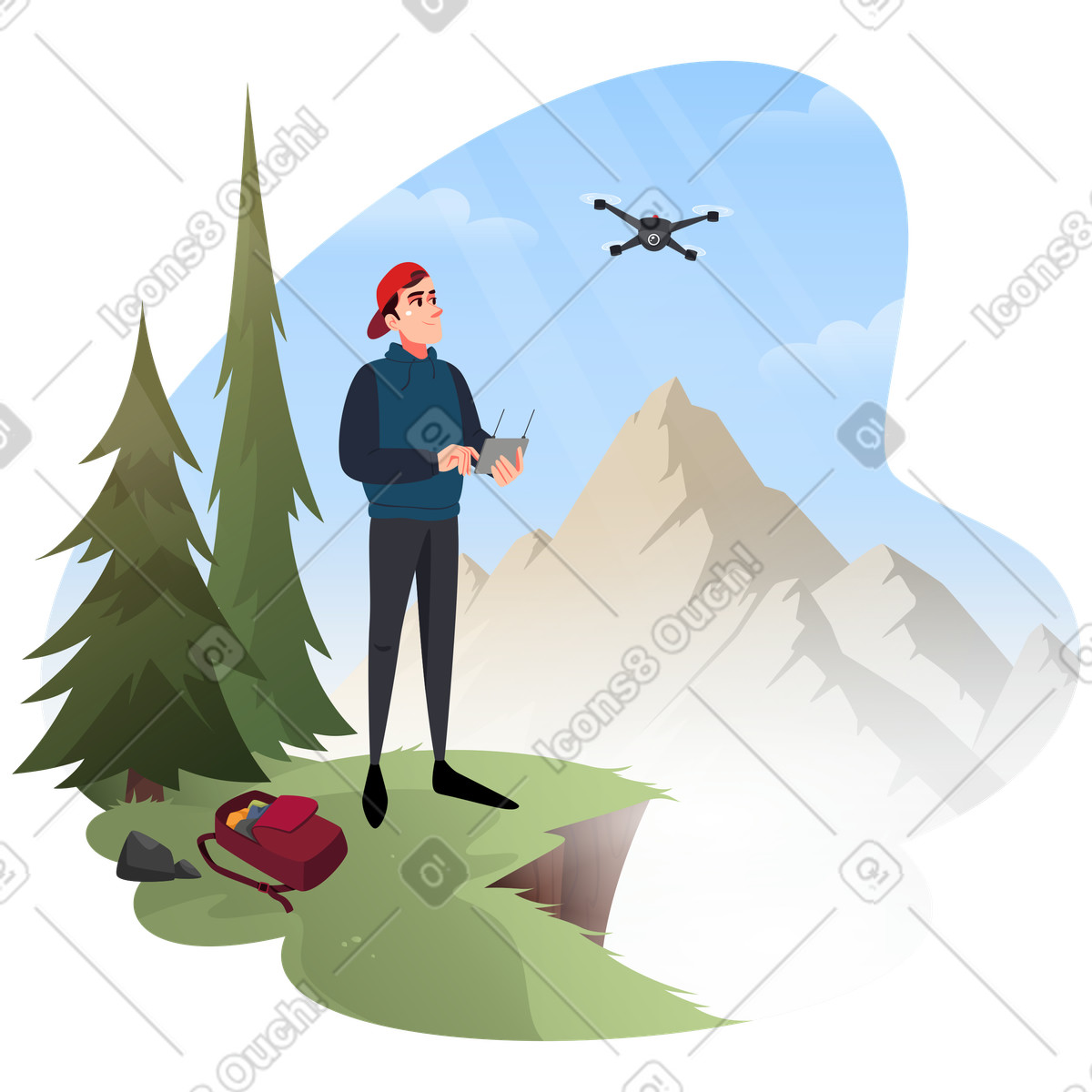 Guy lancia un elicottero in montagna illustrazione animata stile Vivid scaricabile GIF, Lottie (JSON), AE