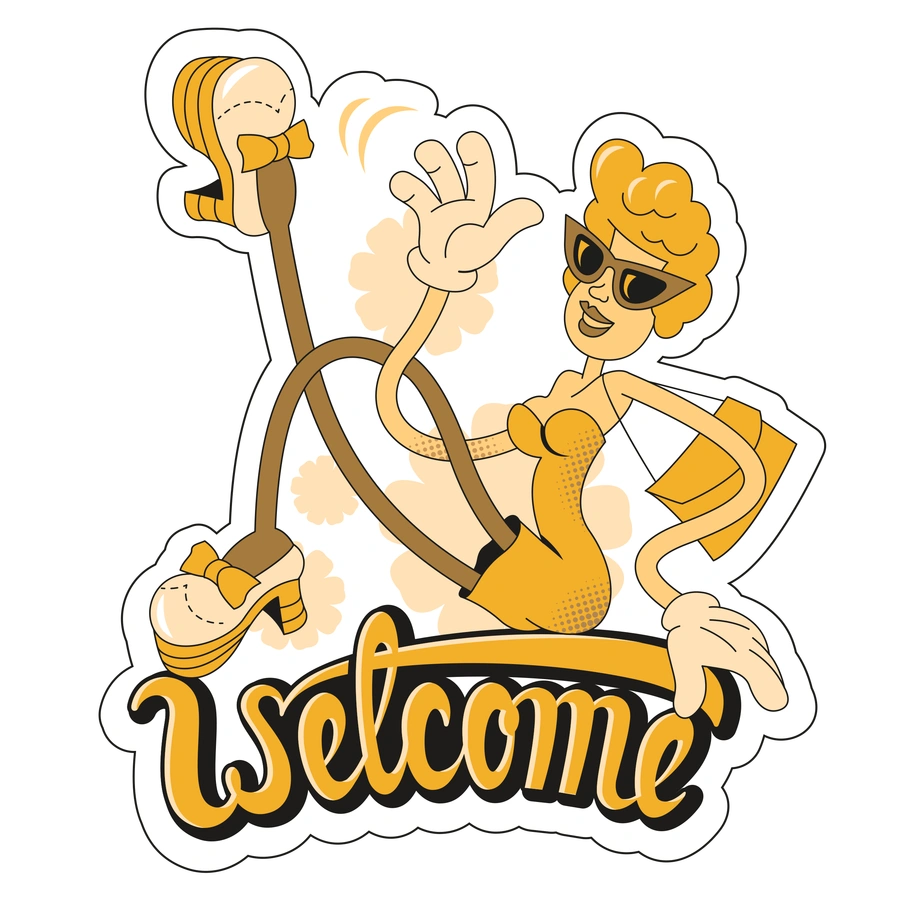A woman waving with sunglasses and high heels - Rubber style illustration