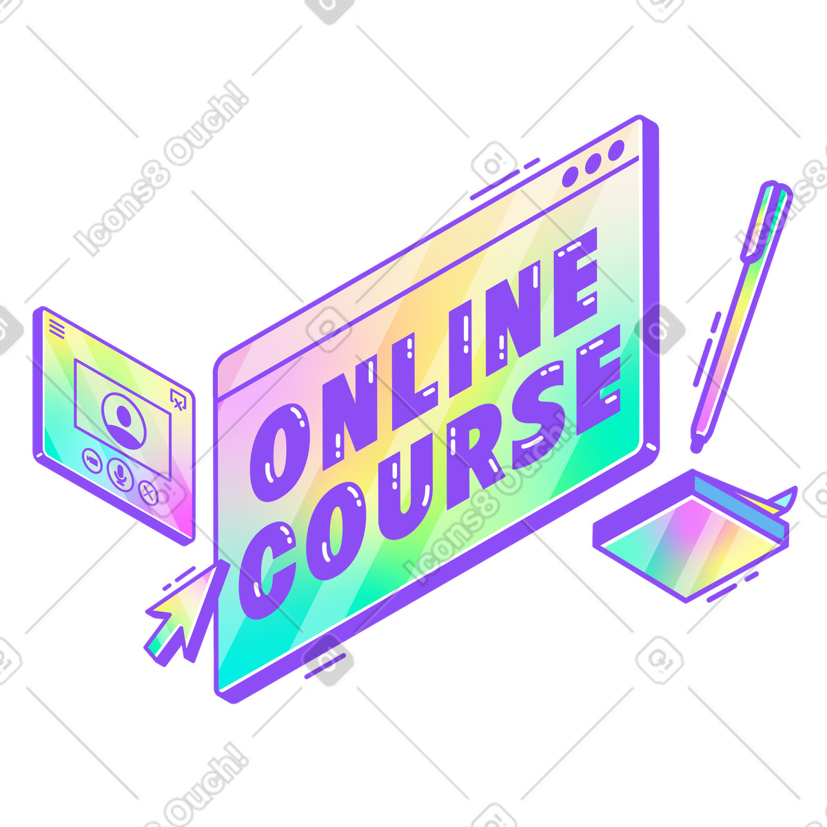 Online course lettering in browser window, Digital education concept illustrazione stile Holographic scarica PNG, SVG