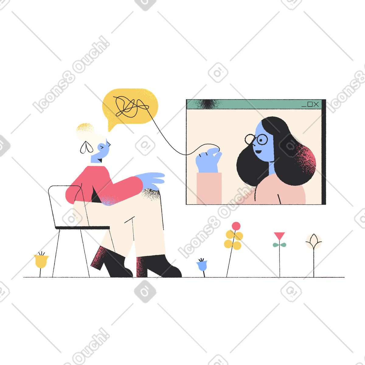 Terapeuta online che aiuta paziente confuso illustrazione in stile Pablo scarica in PNG, SVG