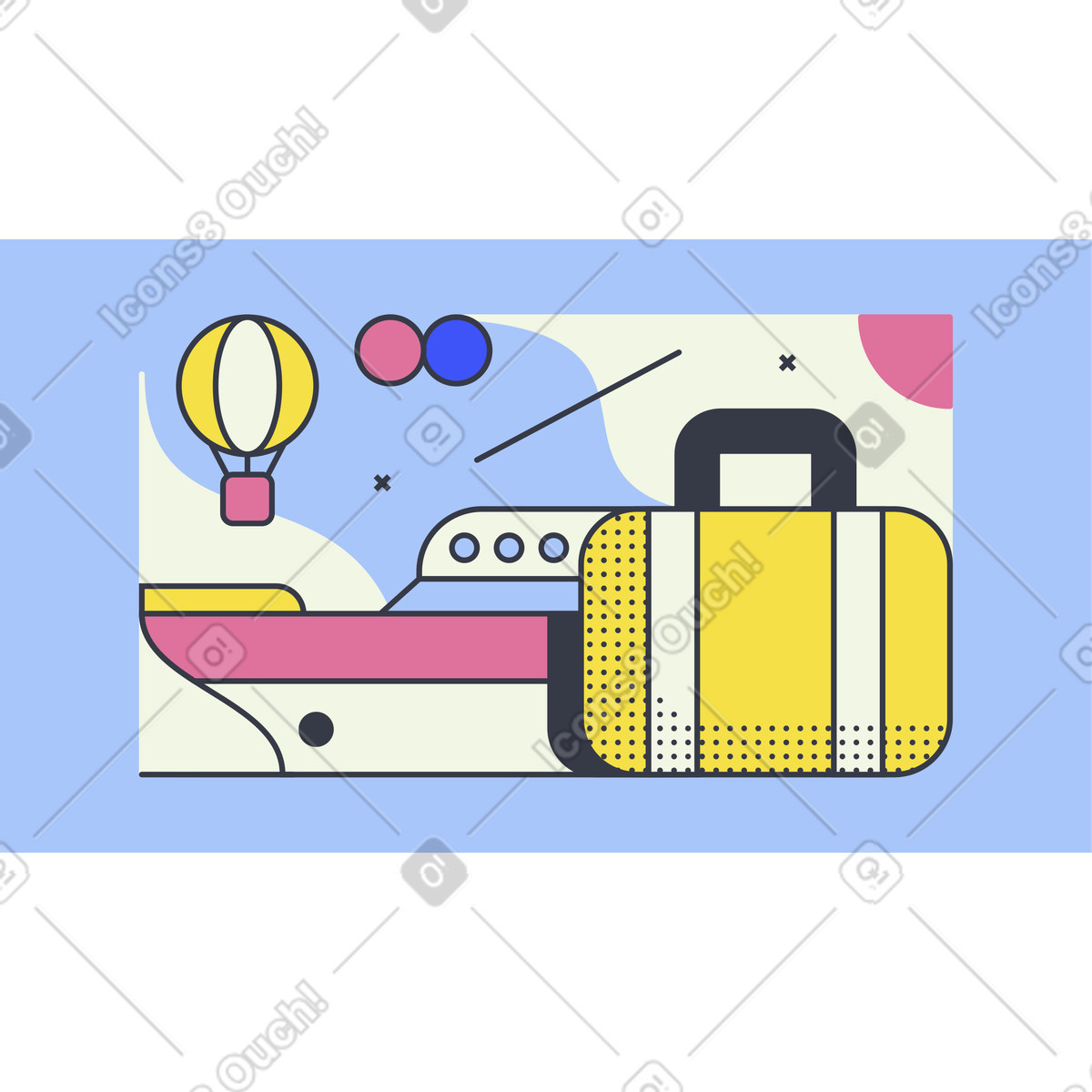 Suitcase, cruise ship and hot air balloon, Holiday trip tourism illustration in Abstract style download in PNG, SVG