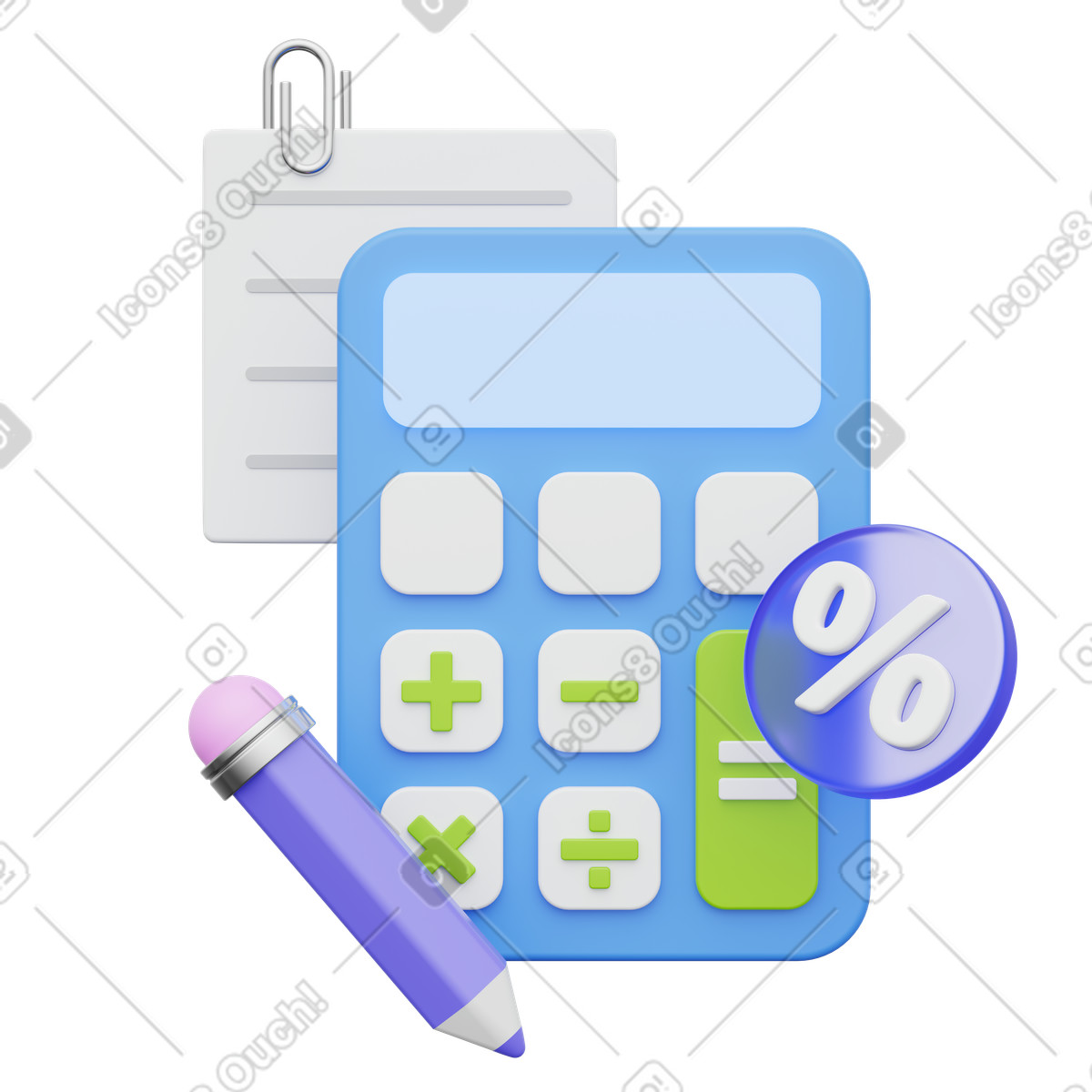 Personal finance math with calculator and percentage badge illustration in 3D Playful style download in PNG, SVG
