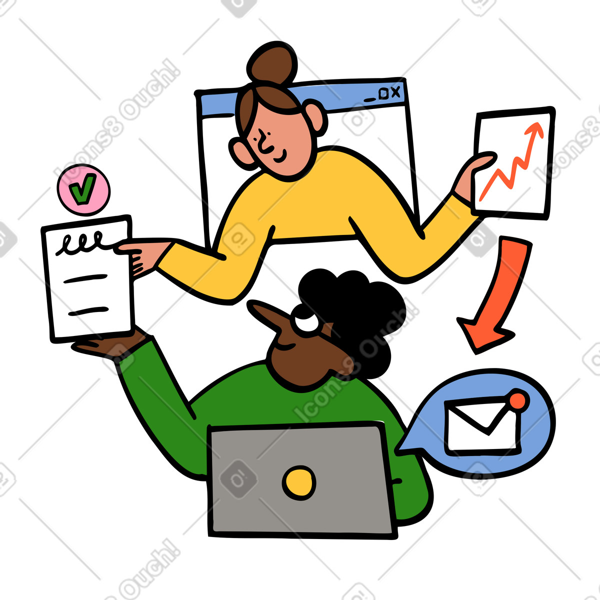 Illustration Deux collègues distants échangeant des documents et messages, flux de travail collaboration en ligne dans le style Comic à télécharger aux formats PNG, SVG