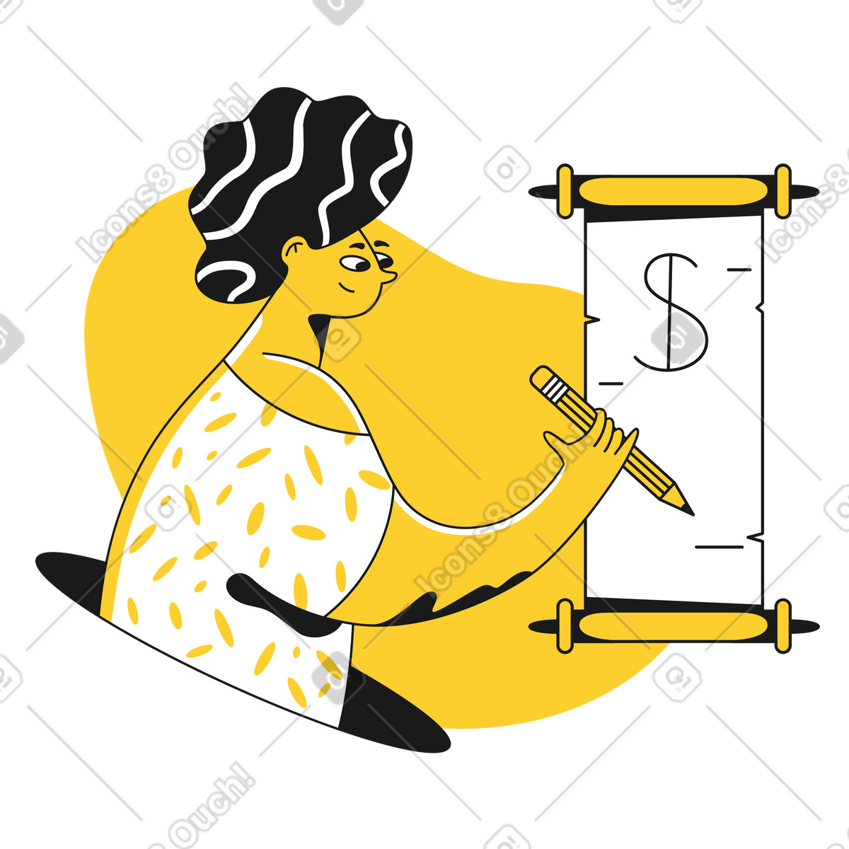 Woman signing contract illustration in Taxi style download in PNG, SVG