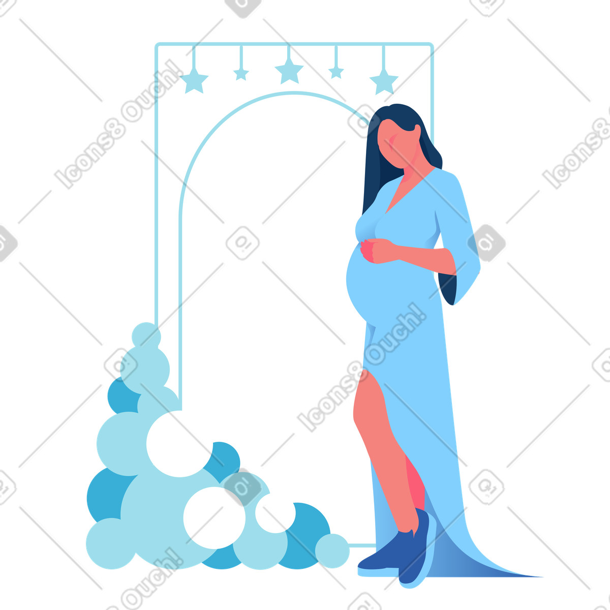 Expectant mother standing by decorative arch, Mother's Day card or pregnancy announcement-Illustration im Daily-Stil als Download in PNG, SVG