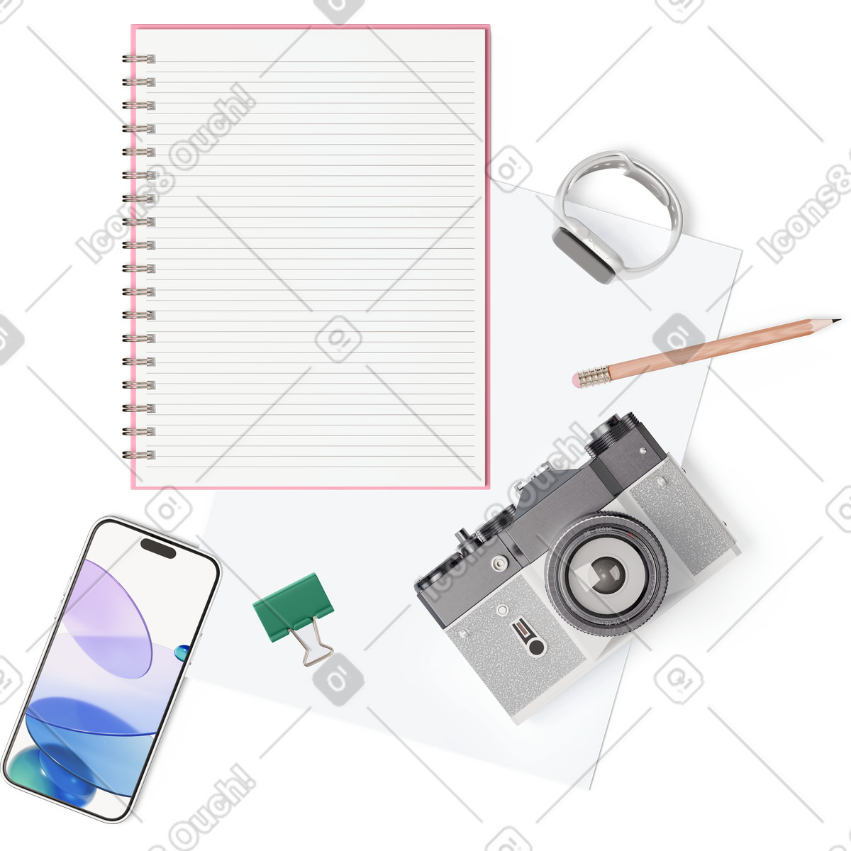 Vista dall'alto di notebook, smartphone, fotocamera e smartwatch illustrazione in stile 3D Hygge scarica in PNG, SVG