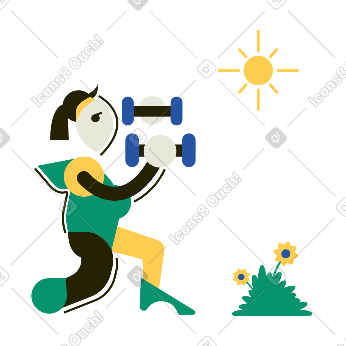 Woman with dumbbells exercising outside illustration in Spot style download in PNG, SVG