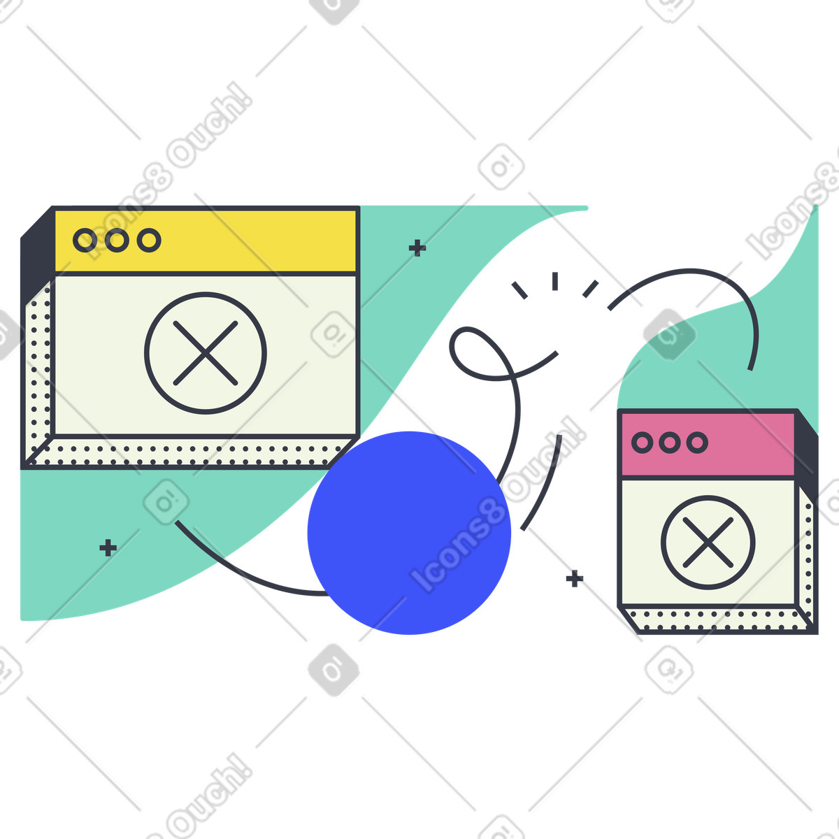 Browser windows with X marks, Network issue or no connection illustration in Abstract style download in PNG, SVG