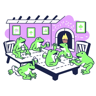 A vintage tavern interior is filled with frogs gathered around wooden tables. Each frog is engaged in storytelling, animatedly using their hands as they share tales. Some frogs are holding small mugs filled with ale, while others lean in closer to listen intently. The tavern has wooden beams overhead and warm lighting that creates a comfortable atmosphere. On the walls, there are framed pictures of past gatherings and a small fireplace crackles in the corner, adding to the inviting setting.