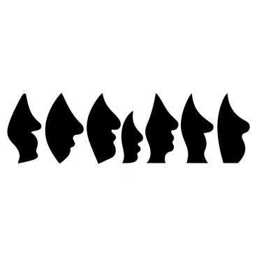 A lineup of silhouettes showcasing various nose profiles. Each silhouette is distinct, featuring a side view of a different nose shape. The silhouettes vary in size and curvature, with some noses being straight, others slightly hooked, and a few with rounded tips. The background is a solid color to emphasize the contrast of the black silhouettes against it. Each profile stands evenly spaced, creating a rhythmic visual flow across the image.