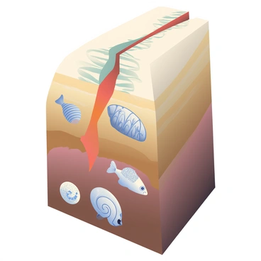 An illustration of a dip slip fault shows a vertical section of rock with a noticeable displacement. The upper layer of rock is pushed up, while the lower layer is shifted downwards. Embedded in the rock layers are various fossils, including a large ammonite fossil and several smaller fish fossils, all detailed with clear outlines. The surrounding rock is textured with striations, and the color gradient shifts from deep browns at the bottom to lighter tans at the top, enhancing the geological features. The scene captures the geological significance of the fault revealing the ancient life forms trapped within the sediment.