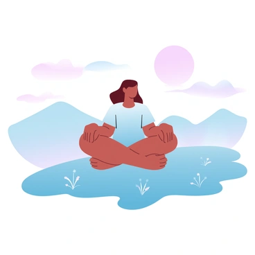 A person is sitting cross-legged on a hilltop during sunrise. The individual is dressed in a simple, flowing garment. Surrounding them are soft, rolling hills that gently rise and fall in the background. The sky is filled with subtle gradient pastel colors as the sun begins to rise, casting a warm glow across the landscape. Small tufts of grass and wildflowers are visible on the hilltop, adding texture to the scene. A gentle breeze is suggested by the slight movement of the grass. A large, radiant sun is positioned just above the horizon, illuminating the scene with soft light.