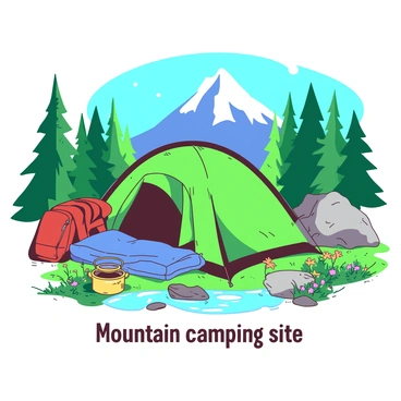 Illustrations of camping gear and nature elements around a photo of a mountain camping site.