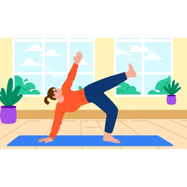 A person performing a yoga pose while simultaneously executing a leg extension exercise. The individual is wearing comfortable athletic clothing, showcasing a focus on balance and strength. The studio features large windows allowing soft, natural light to fill the space. There are plants in the corners, adding a touch of greenery. The floor is made of polished wood, complementing the serene atmosphere of the studio, and a yoga mat is placed beneath the person, emphasizing their position.