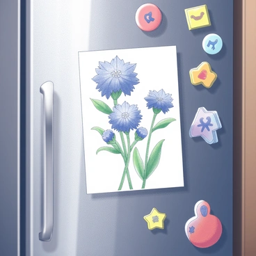 A child's drawing of "bluebonnets" is attached to a refrigerator. The drawing is created in crayon, featuring various sizes of the flowers with jagged petal shapes. Surrounding the drawing are several "colorful magnets" in different shapes and sizes, some shaped like animals, letters, and stars. The refrigerator itself has a smooth metallic surface, and the light reflects softly off its surface, creating a shiny appearance.
