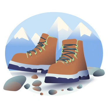 A pair of rugged brown hiking boots is placed on a rocky trail, showcasing textured soles and sturdy laces. Surrounding the boots, various sizes of grey and brown rocks create an uneven surface. In the background, tall mountains are visible, their peaks capped with white snow. A clear blue sky is above, adding contrast to the scene. The sunlight casts gentle shadows from the boots onto the trail, enhancing the three-dimensional aspect of the image.