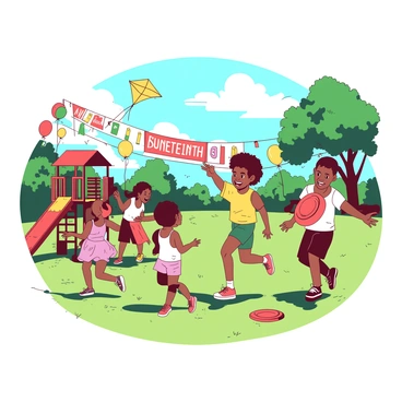 A group of diverse children is playing games at a Juneteenth celebration in a sunlit playground. The children are laughing and running around joyfully. One child is flying a bright yellow kite, while another is tossing a red frisbee. Nearby, a small gathering of children is engaged in a game of tag, with one child trying to tag another as they dodge between colorful playground equipment. In the background, there are decorations, including balloons and banners celebrating Juneteenth, adding a festive atmosphere to the scene. The sun is shining brightly, casting playful shadows on the grass.