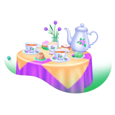 A whimsical tea party setting featuring a colorful tablecloth draped over a small round table. Delicate porcelain tea cups with intricate floral designs are arranged on the table, filled with various types of tea. Surrounding the cups are an assortment of desserts displayed in fractional portions, including miniature cakes, tarts, and pastries. There are small plates holding half-slices of pie and tiny servings of macarons. The scene is enhanced by a vintage teapot with an elegant spout and a few sprigs of fresh flowers arranged in a small vase at the center of the table.