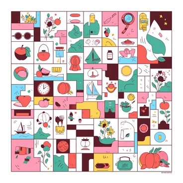 A duotone illustration features a vibrant mosaic composed of numerous small squares. Each square displays a different object, showcasing a variety of themes such as nature, food, and everyday items. Some squares depict "a red apple," "a yellow sunflower," "a teal sailboat," and "an orange clock." The objects are arranged in an intricate pattern, creating a visually engaging tapestry of colors and shapes. Each illustration within the mosaic is detailed, capturing the essence of the individual items while contributing to the overall dynamic composition.