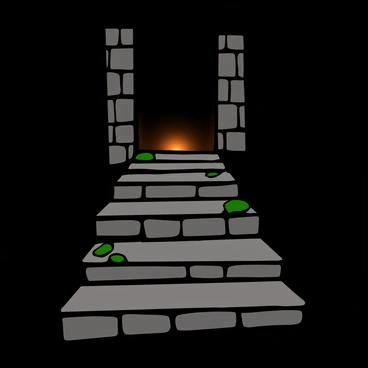 A set of old stone stairs with rough edges is descending into a dark space. The stairs are illuminated by a faint light glowing from below, casting soft shadows on the stones. The texture of the steps is uneven, with some moss growing in the crevices. The walls on either side of the staircase are made of aged stone, enhancing the sense of age and mystery. The light at the bottom appears warm and inviting, contrasting with the dark surroundings.