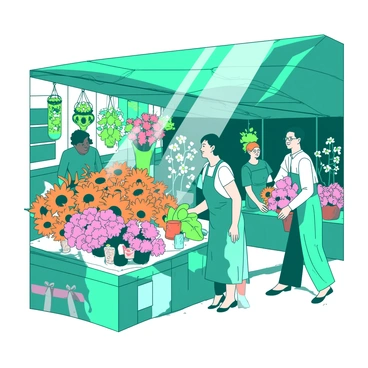 A teal flower market is filled with vibrant bouquets in various arrangements. There are cheerful vendors, each wearing colorful aprons, happily interacting with customers. Some customers are admiring a large orange bouquet of sunflowers, while others are selecting smaller pink arrangements. The stalls are adorned with hanging green plants, and the air is filled with a kaleidoscope of colors from the flowers. Sunlight streams down, illuminating the lively atmosphere of the market.