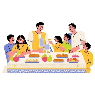 A joyful family gathered around a Haft-Sin table filled with traditional Persian items. The table is adorned with a colorful tablecloth featuring intricate patterns. Various dishes of vibrant Persian sweets are displayed, including "baklava" and "nougat," alongside fresh fruits like "pomegranates" and "apples." The family members, consisting of parents and children, are smiling and interacting, with one child reaching for a sweet. A small mirror and candles are placed on the table, reflecting the happy atmosphere of the gathering.