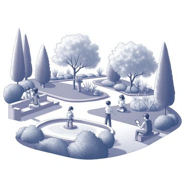 A lush, vibrant utopian garden with people enjoying nature and technology harmoniously