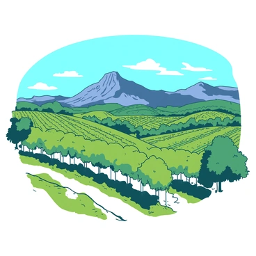 A picturesque landscape featuring rolling vineyards stretching across the foreground. In the background, the imposing Mont Ventoux rises majestically against the clear blue sky. The vines are lush and green, with neatly arranged rows creating patterns across the hills. Sunlight bathes the scene, highlighting the rich textures of the leaves and the earth beneath. The sky is bright and unobstructed, adding to the serene beauty of the countryside.