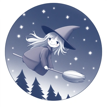 A small witch with a pointed hat is flying on a broomstick. She has a playful expression and her long hair is flowing behind her in the wind. The night sky is filled with numerous stars that twinkle brightly, creating a magical atmosphere. Below her, silhouettes of treetops are visible against the dark backdrop of the night. The broomstick is slightly angled as she glides through the air, and her cloak billows around her.