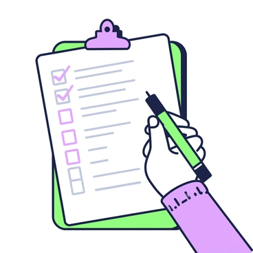 A close-up view of a hand holding a pen and checking off boxes on a paper questionnaire. The clipboard is made of smooth wood, and the questionnaire features a series of clearly defined checkboxes arranged vertically. The hand is positioned near the top of the sheet, with a neatly written response visible next to one of the checkboxes. The background is blurred to emphasize the hand and clipboard, bringing attention to the act of checking off the boxes.