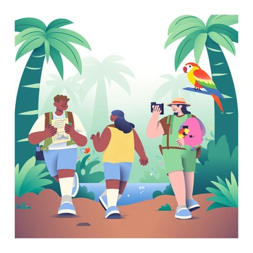 A group of explorers is trekking through a dense jungle. There are three explorers, each wearing light, breathable clothing suitable for warm weather. One explorer has short brown hair, holding a map in one hand and a compass in the other. The second explorer, with long black hair tied in a ponytail, is taking pictures with a camera. The third explorer, wearing a wide-brimmed hat, is observing a colorful parrot perched on a nearby branch. Surrounding them are tall green trees with broad leaves and vibrant flowers in shades of red, yellow, and purple. The ground is covered with rich brown soil and scattered with large ferns and small plants. In the background, there is the sound of a flowing stream, and glimpses of other exotic animals can be seen among the foliage.