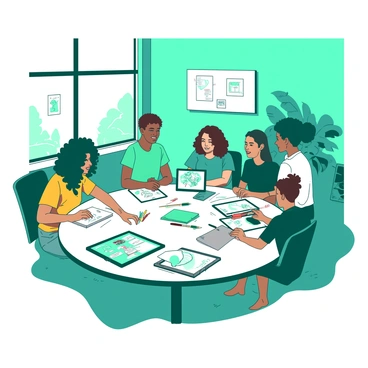 A teal room filled with interns working on a group project for an illustration agency. In the center, a round white table is cluttered with sketchbooks, colorful markers, and digital tablets. Several interns, a mix of genders and ethnicities, are gathered around the table. One intern with brown hair is pointing at a sketch on the tablet, while another intern with curly black hair takes notes on a white notepad. A laptop with a bright screen displays various artistic designs. A large window in the background lets in natural light, highlighting the vibrant atmosphere of collaboration.